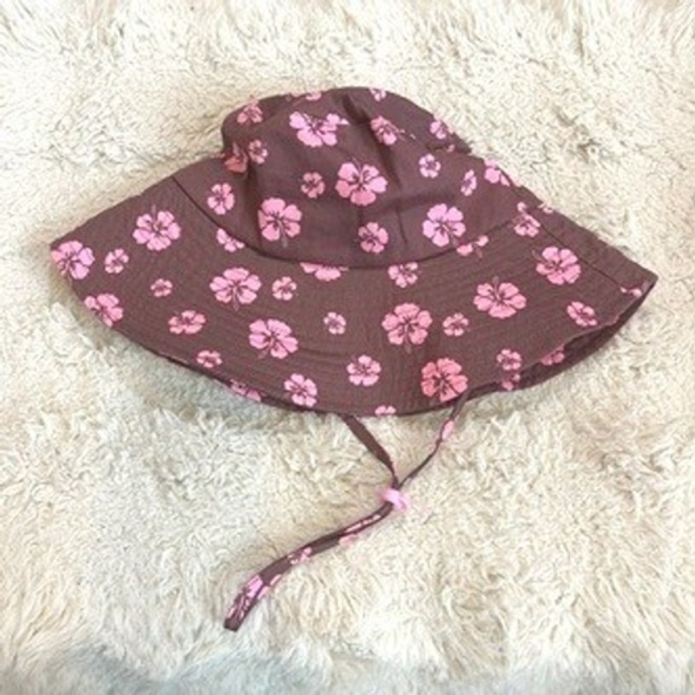 Zara Brown Pink Hibiscus Floral Bucket Hat Summer Sun Hat Adjustable Strap M
